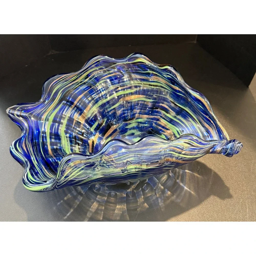 Art Glass Conch Shell Bowl Blue Green Gold Aventurine Swirl Murano Style 13